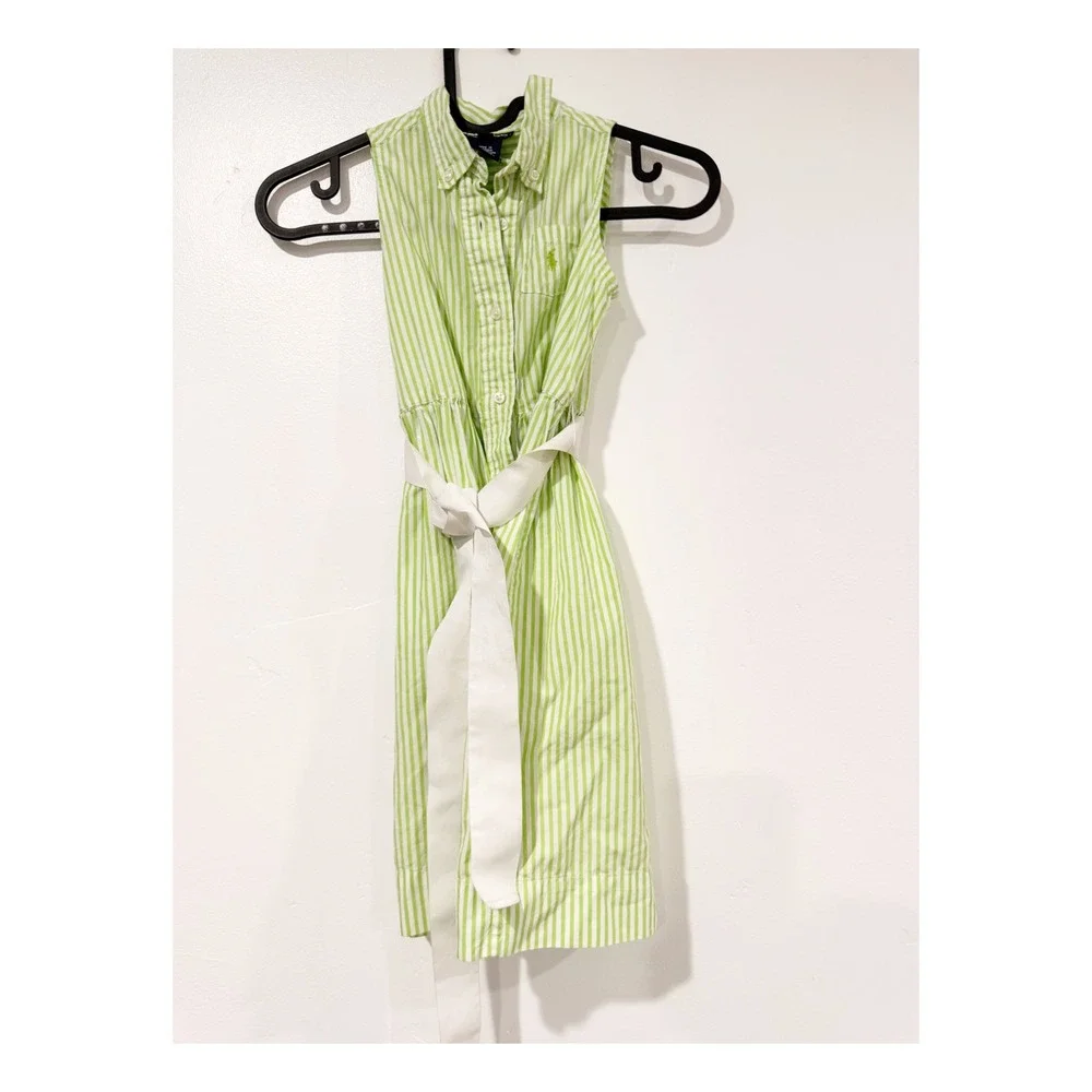 Ralph Lauren Girls Green White Striped Sleeveless Shirt Dress Sash Belt Size 6X